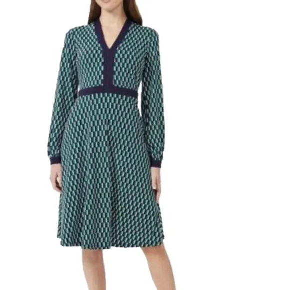 Hobbs Samara Jersey Geo Dress Women US Size 8 Blue Green Fit & Flare Long Sleeve - Picture 1 of 15
